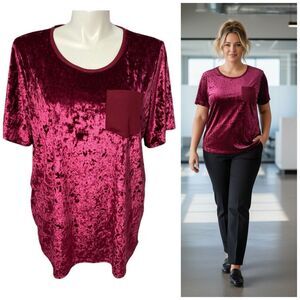 Evri Top Womens 2x Cranberry Red Crushed Velvet Look Short Sleeve Knit Holiday